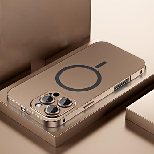Magnetic Charging Aluminum Metal Bumper Matte Shell for iPhone, Fully Wrapped Mobile Phone Case Anti-collision Matte Protective Case, for iPhone 16/15/14/13 pro max (Desert Gold,For iPhone15Promax)