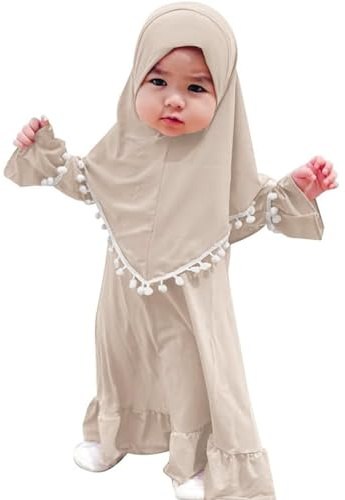 Gebet Kleid Langarm Muslimisches Kleid für Mädchen Gebetskleidung Burka Länge Robe mit Hijab Baby Kinder Ramadanrobe Rüsche Maxikleid Arabisch Islamische Robe Set mit Kleine Balldekor