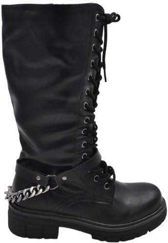 Stivali Donna Combat Nero Anfibio Lacci Lunghi con Catena Argento Zip Laterale Suola carrarmato Comodi (37 EU)