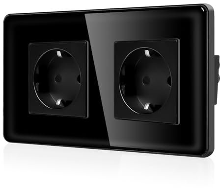 CNBINGO Glas Doppelsteckdose Unterputz - Zweifach Schuko Steckdose mit 2,5D Curved Glas Platte - 16 Amp Schutzkontakt Wandsteckdose mit Kindersicherung - 2 Fach Schwarz