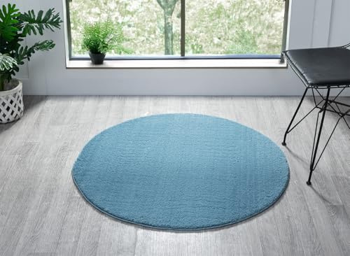 Comfy Washable Plain Non-Slip Round Area Rug, Blue, 100 cm Round