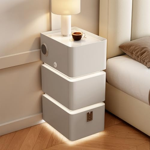 GUQASDV Narrow LED Smart Nightstand with Charging Station,side Bed End Table with Password Lock and Speaker,Smart Bedside Table USB Port(Grey,30cm/11.8in)