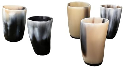 Frera Horn Becher, Traditioneller Trinkbecher aus Horn, Schwarz-Beige Marmoriert, 40-50 ml Fassungsvermögen, Handgefertigt (5 Stück im Set)
