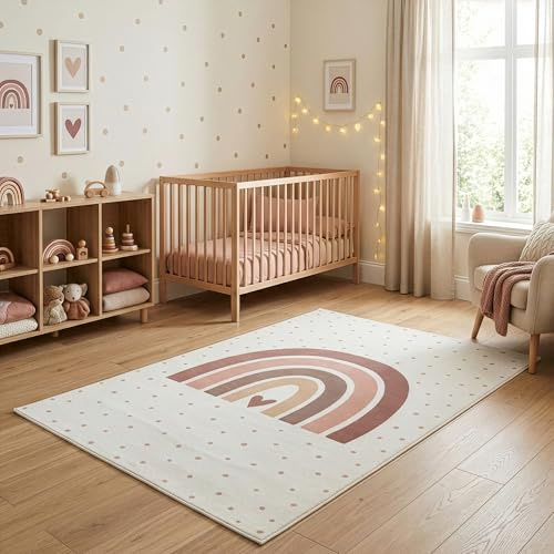 Carpettex Kinderteppich Regenbogen Spielteppich für Kinderzimmer in Creme mit Herz Motiv Größe 120x170 cm ideal als Spielteppich