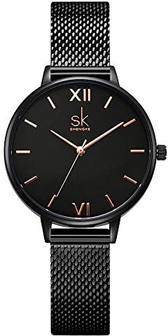 SHENGKE Kreative Simplicity Damen-Armbanduhr mit Netzband, Elegant, Damenarmbanduhr Business Armbanduhr (K0039-black-mesh Band)