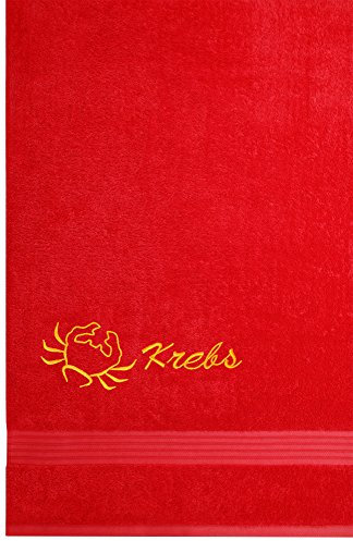 Lashuma Duschtuch Rot - Scharlach mit Tierzeichen Krebs, Handtuch 70x140, Linz Badetuch Bestickt