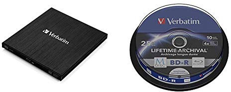 Verbatim External Slimline USB 3.0 Blu-ray und MDisc Brenner, mobiles externes Laufwerk zum Brennen & Archive, 43890 & M-Disc BD-R 25 GB, 4-fache Brenngeschwindigkeit, 10 Stück (Spindel)