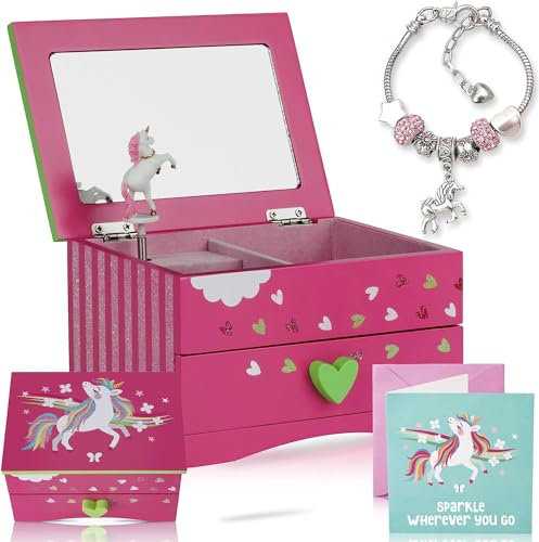 Amitié Lane Einhorn-Schmuckkästchen mit Spieluhr für Mädchen – Einhorn-Geschenke für Mädchen, Spieluhr für 5 Jahre alte Geburtstagsgeschenke oder Alter 6, 7, 8, Kinder-Schmuckschatulle
