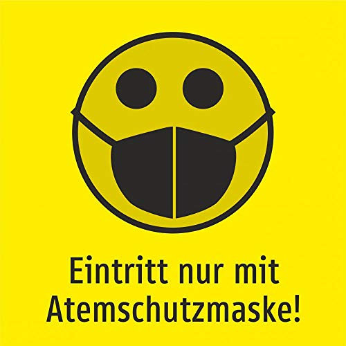 Eintritt nur mit Atemschutzmaske! (Smiley gelb) - 200 x 200 mm, Aufkleber