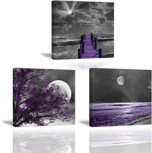 Piy Painting Bilder auf Leinwand, Lila Brücke Und Weißer Mond Landschaft Foto mit Keilrahmen, Gerahmt Kunstwerk, 3X Romantische Bilder für Schlafzimmer Büro Dekor, 30x30cm