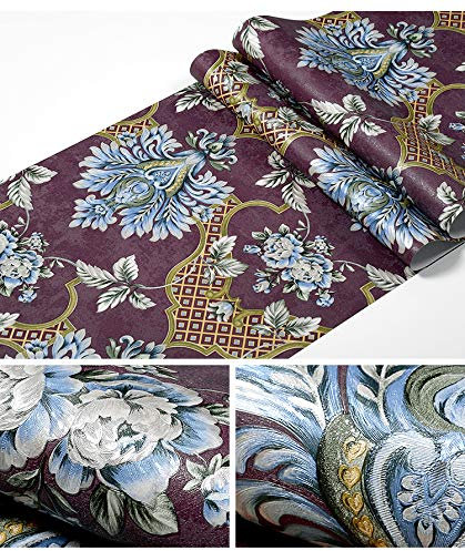 Rouleau de papier peint en PVC texturé pour chambre à coucher et salon Motif floral damassé vintage Violet foncé 9,5 x 0,53 m
