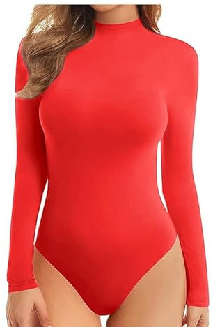 BODYWEAR LTD Ladies Turtle Neck Bodysuit Ladies Long Sleeve Stretch Leotard Top Sizes (Red, 8-10)