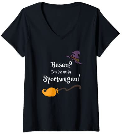 Damen Besen? Sportwagen | Halloween Kostüm Hexe Hexen Hut T-Shirt mit V-Ausschnitt