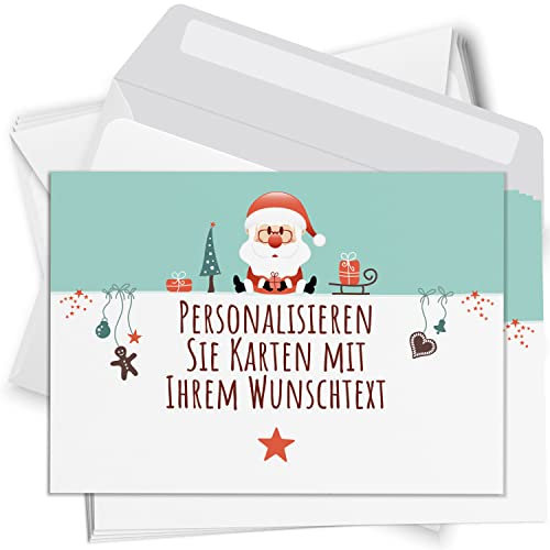 Einladungskarten Manufaktur Hamburg 8 Weihnachtskarten - mit Ihrem Text PERSONALISIERT - Weihnachtsmann Illustration Türkis - mit Umschlägen, Grußkarte Postkarte Weihnachten weihnachtlich
