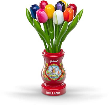 MomoMoments Holztulpen, Holzblumen, Holzdekoration, Holz-Kunstblumen, 9 Tulpen in Holzvase Retro rot Holland, 21 cm, Dekoration, Geschenk, Multicolor
