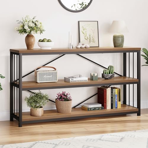LVB Konsolentisch Schwarz, Schmaler Holz Konsolentisch mit 3 Ebenen Bücherregal, Sofatisch für Wohnzimmer und Flur, Kompakter Flurtisch (Rustikale Eiche, 140 x 34 x 74 cm)