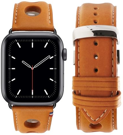 Eternel – Rallye Armband kultig – Kompatibel mit allen Apple Watch Modellen – 45/46mm – Handgefertigt in Frankreich – Pflanzlich gegerbtes Leder – Miel – Adapter in aluminium noir