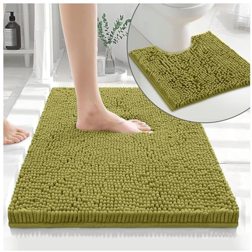 GC GAVENO CAVAILIA Soft Bath Mat Sets For Bathroom | 2 Piece Bath Mat Non Slip Back | Highly Water Absorbent & Fast Drying 100% Microfiber Chenille Toilet Rug with Pedestal Mat | Green