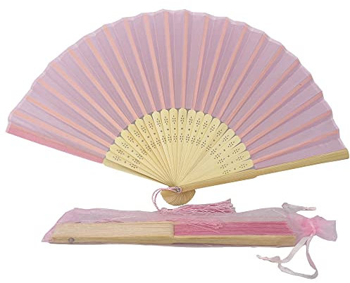 FANSOF.FANS Fabric Handheld Folding Hand Fan With a Tassel Grade A Bamboo Ribs for Women Girls Summer Party Event Favour Birthday Wedding Souvenir Gift (Soft Pink)