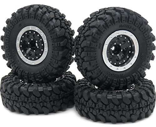 hobbysoul Einstellbare Offset 1,0 RC Räder Felgen Silber Schwarz & 1/24 Reifen, schwere 1,0 Beadlock Räder und Reifen Für 1/18 TRX4M 1:24 RC Crawler Axial SCX24 Upgrade, (4Stück, montiert)