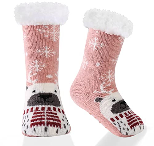 HERYEBING Calze Invernali per Bambini Antiscivolo Pantofola Calzini Ragazzo Ragazza Bambina Morbido Fuzzy Caldo Spesso In Pile Foderato Calze Di Natale Bambino,Cervo Rosa 8-12 Anni