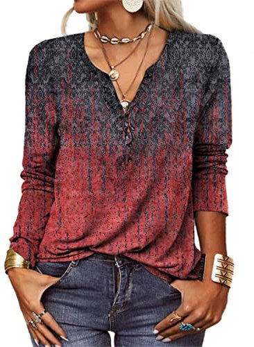 GRMLRPT Blusa para Mujer Manga Larga Camisa Cuello Redondo Botone Casual Top de Manga Larga Colorido Estampado Floral (Rojo,L)