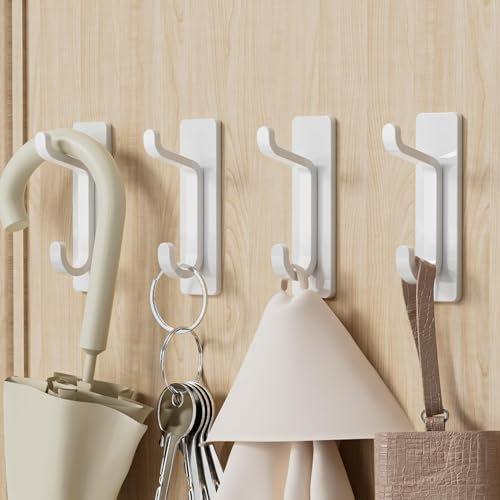 Stick on Hooks for Hanging: Extra Srong 6KG (Max), Coat Hook on Door for Towel Coat Hat Key, Heavy Duty, Self Adhesive Hangers Wall Mounted, White 4 Pack