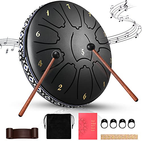 Steel Tongue Drum, 6 Zoll 11 Noten Zungentrommel Scheibentrommel Steel Pan Töne Schlaginstrument Handpan Instrument Drum mit Tragetasche, Musikbuch, Schlägel, Fingerpicks Meditation Klangheilung