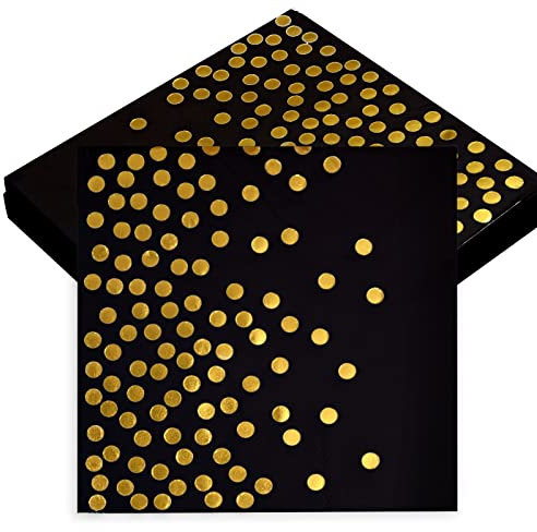 Cocktail-Servietten, Schwarz-Gold-Servietten, Schwarz-Gold, Cocktail-Servietten, Einweg-Servietten, schwarze und goldene Servietten, Goldfolie, Punkt-Servietten für Geburtstag, 16,4 x 16,4 cm, 40