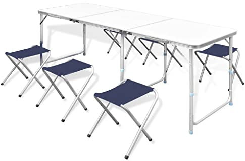 VACARX Faltbarer Campingtisch-Set mit 6 Hockern, höhenverstellbar, 180 x 60 cm, Tisch: