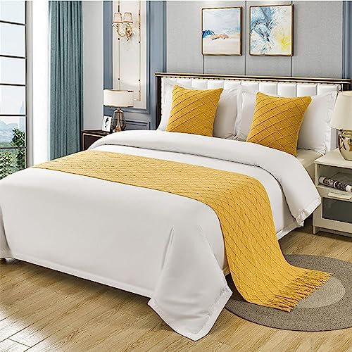 Morbuy Moderne Hotel Bettläufer Schals Quasten Schal Bettlaufer Bettschal Bettschwanz Handtuch Dekoration Für Einzel Queen King Size Bett Flagge (60x260cm für 200cm Bett,Gelb)