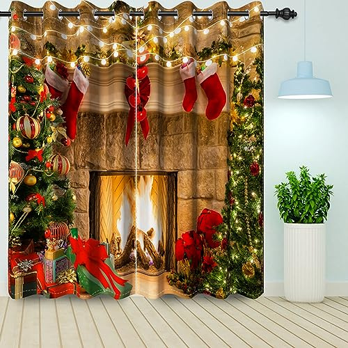 Bovlleetd Natale Camino Finestra Tende Natale Albero Rosso Natale Calzini Capodanno Partito Sfondo Blackout Tenda Oscuramento Finestra Tende 2 pezzi 140x175cm