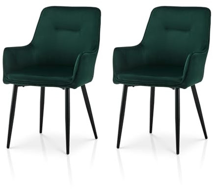 TUKAILAI Esszimmerstühle 2er-Set aus Samt, Küchenstühle mit Armlehnen, Freizeitstühle mit Metallbeinen und Kissen, Esszimmer, Wohnzimmer, Schlafzimmer, Empfangsraum, Restaurant，Grün