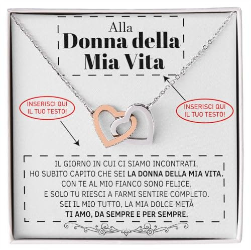 Collana Donna con Dedica Personalizzabile Finitura in Oro Bianco o Rosa, Argento - Idee Regali per lei - Compleanno, Natale - Cofanetto con DEDICA incluso (2 Cuore Personalizzabile)
