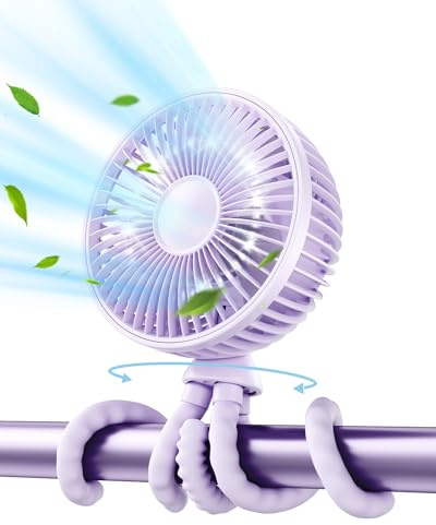 gaiatop Baby Stroller Fan, 4000mAh Oscillating Mini Portable Fan with Light, 4 Speeds Battery Operated Small Handheld Desk Fan, 360° Rotate Flexible Tripod Clip On Fan for Car Seat Crib Travel Purple
