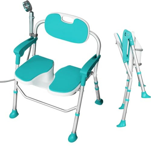 Duschstuhl für Senioren - Duschsitz Klappbar 150kg, Duschstuhl mit Lehne und Armlehne, Höhenverstellbarer, Rutschfesten Fußpolstern, Duschhocker für Senioren, Schwangere, Behinderte