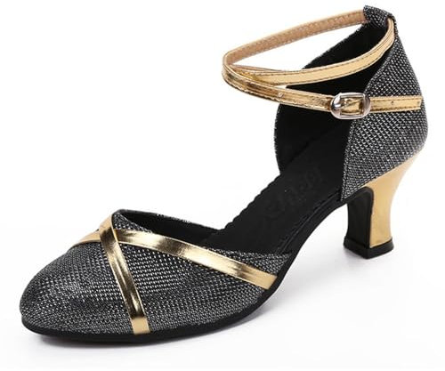 Damen Tanzschuhe Geschlossene Spitze Lantine Jazz Zumba Bachata Salsa （Schwarz Gold Innen, Numéric_41）