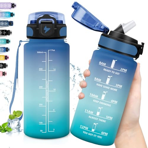 Grsta Borraccia, 500ml Borraccia Bambini, Borraccia Motivazionale con Cannuccia, Borraccia con Orari per Bere, Facile da Trasportare, Borraccia Sportiva con Scala Temporale, per Scuole, Uffici