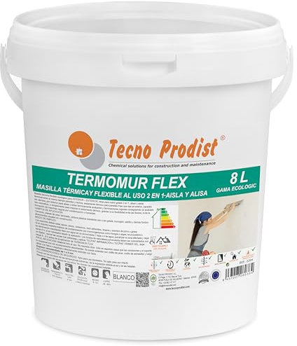THERMOMUR FLEX de Tecno Prodist (8 litres) Mastic en pâte prêt à l'emploi, lissage et isolation thermique en même temps, intérieur ou extérieur, couvre-goutte, grande adhérence sur peintures,