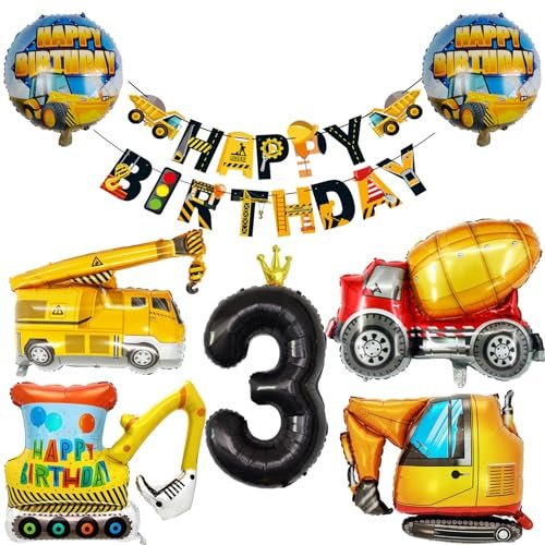 Deko 3. Geburtstag Junge Bagger Geburtstagsdeko 3 jahr Mädchen Foilballons Fahrzeug Luftballon 3. Geburtstag Schwarz Zahl Ballon 3 Party Deko