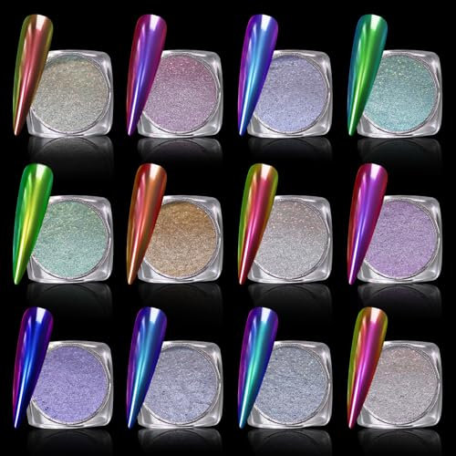 MKNZOME 12 Farben Chrome Nail Powder, Blue Purple Gold Silver Red Pink Nagel Pulver Pigment für Nagelpuder Set, Glitzer für Nägel Glitzerpulver Zum Basteln für Nagelkunst, Basteln, DIY
