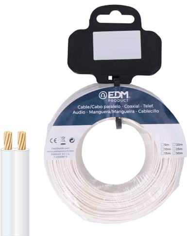 Carrete de cable paralelo blanco 2 vías 25 m para instalaciones eléctricas y telefónicas. Ideal para conexiones y extensiones.