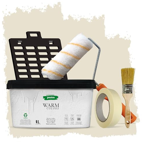 PECTRO Pittura Mano Unica 4L (6,3kg) Set con rullo, pennello, griglia e nastro in carta - Pittura per Interni Lavabile per Pareti e Soffitti – Monomano per Camere e Soggiorni