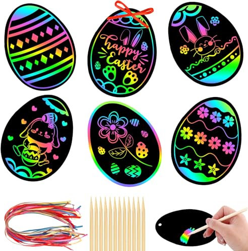 JULMELON Ostern Kratzbilder für Kinder, 36 Stück Ostern Kratzbilder Bastelset Regenbogen Ostern Kratzpapier Ostereier Anhänger Kratzpapier Ornaments für Ostern Geschenke Party Deko