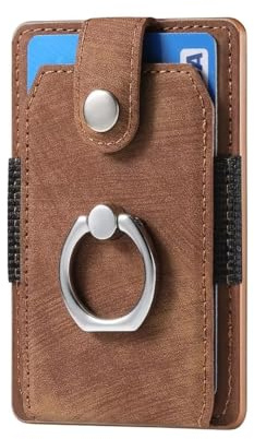 COQUE Porte-Cartes de téléphone Ultra Fin en Cuir adhésif avec Anneau de Poche pour Carte de crédit, Autocollant arrière pour Smartphone-Brun
