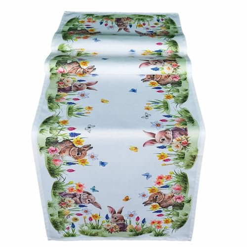 texpot Tischläufer 40 x 140 cm mit Druck Hase auf Blumenwiese Ostern Frühling