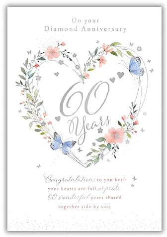 Noel Tatt Glückwunschkarte zum 60. Hochzeitstag, Glückwunschkarte zum 60. Hochzeitstag, mit Blumenkranz, Herz und Schmetterling, Folien-Finish, Jubiläumskarte für ein besonderes Paar
