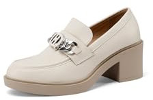 QUEEN HELENA Mocasines de tacón ancho con frances informales elegantes para mujer X32-57, beige, 37 EU