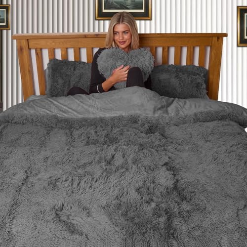 Dolce Vari Hug & Snug Luxury Fleece Bedding Set Warm & Cozy Super Soft Fluffy Fur Duvet Cover Set - Ultimate Comfort (Charcoal, King)