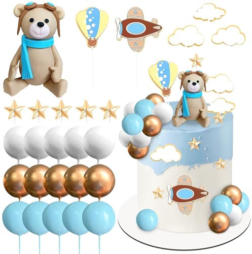Tortendeko Flugzeug 26 Stück Bär Tortendeko Taufe Junge Kinder Cake Topper Flugzeug Thema Geburtstagsparty, Abenteuer Reisen Themenparty, Jungen Taufe Party Dekorationen